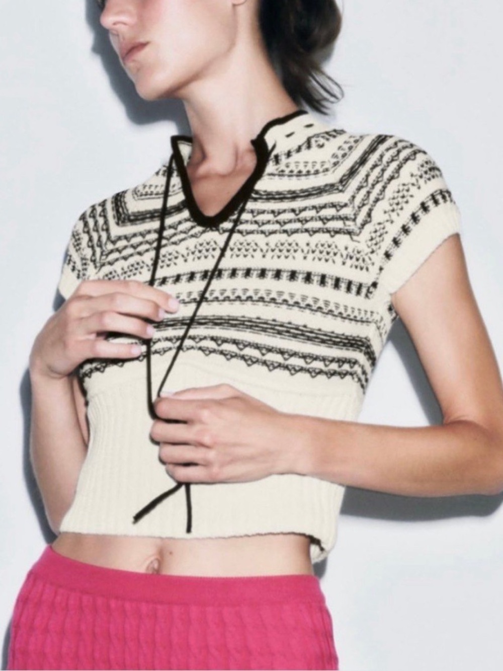 Zara Cream and Black Jacquard Knit Top